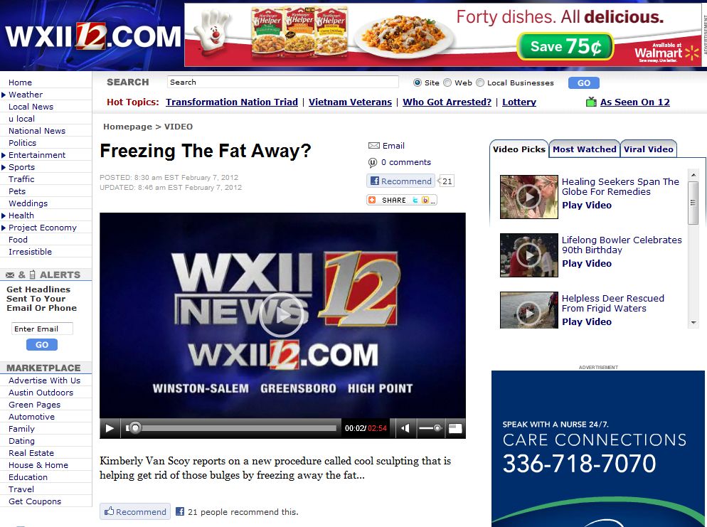 Click to view the Winston-Salem Dermatology Coolsculpting® procedure featured on WXII News!